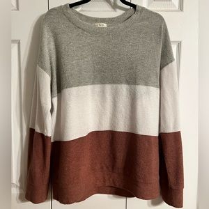 Nine Britton L striped burgundy, white, & grey long sleeved sweater